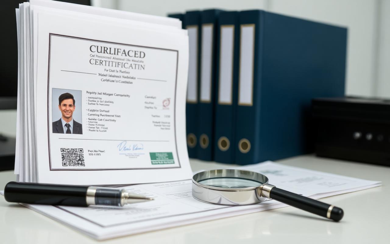 Certificates and document folders arranged beside a magnifying glass