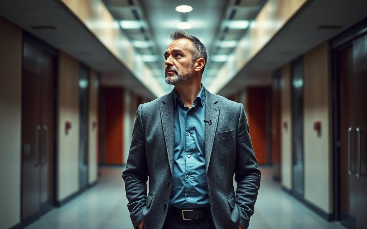 Mid-career professional standing at a corridor crossroads