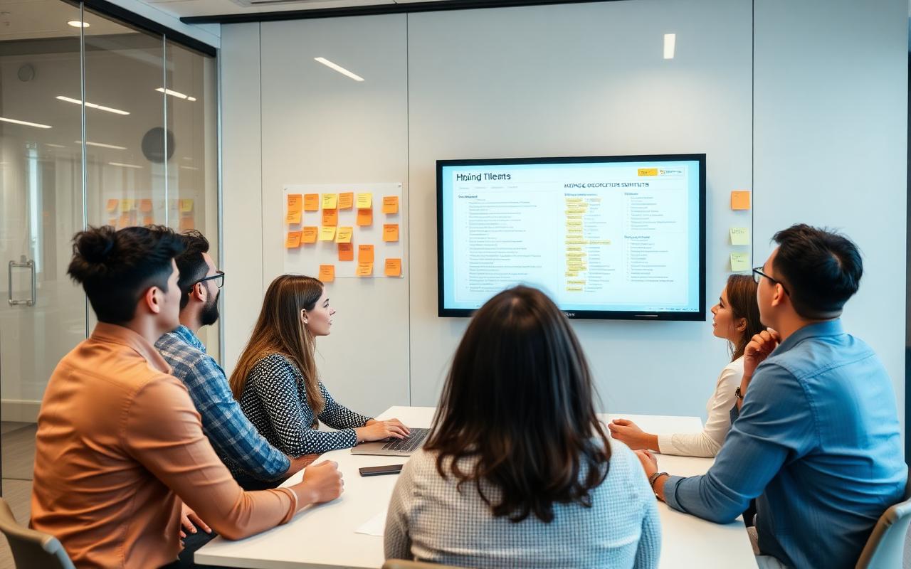 Hiring team reviewing candidate shortlists on a screen in a meeting room