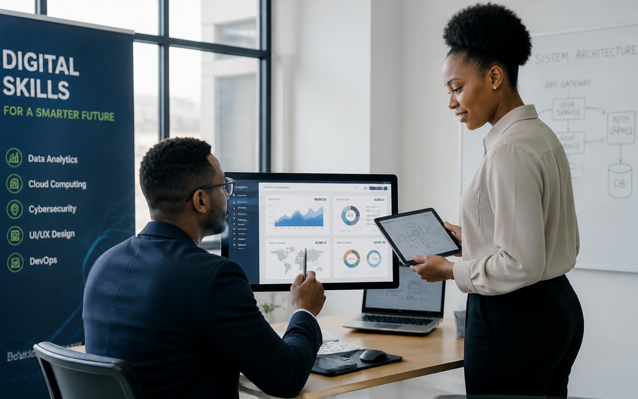 Two professionals reviewing data dashboards in a digital skills training room