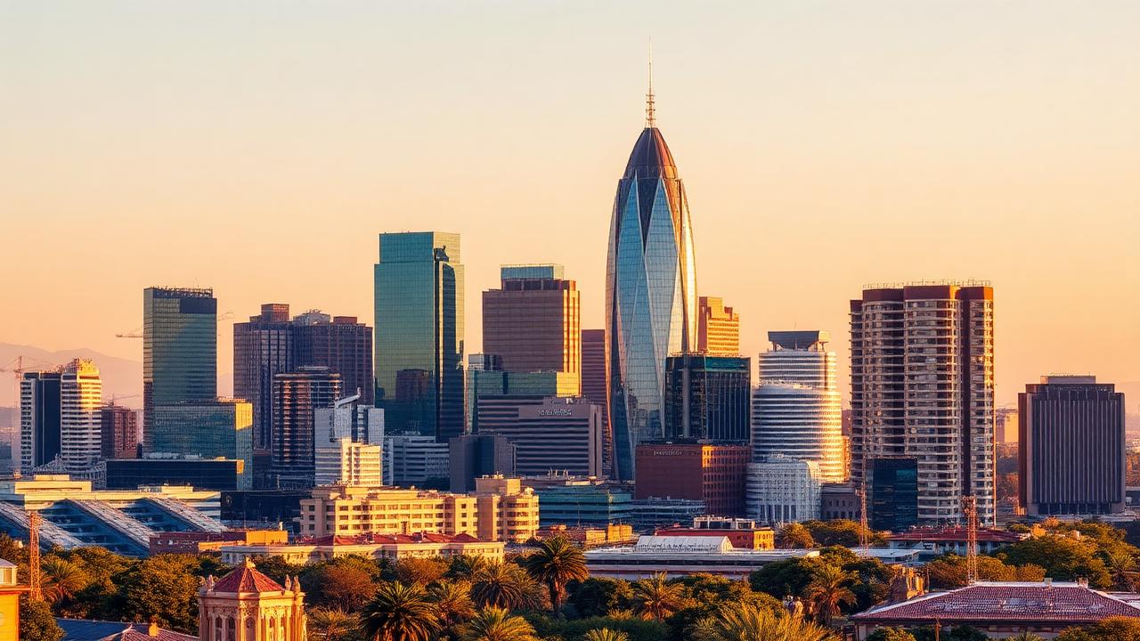Johannesburg business district skyline at sunset