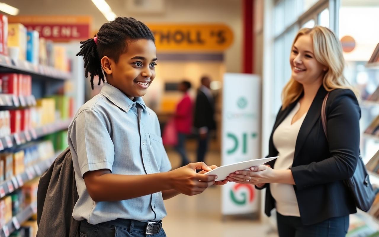 School leaver handing a CV to a retail supervisor in a store