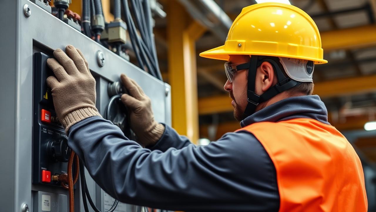 Qualified artisan in safety gear working on an industrial control panel